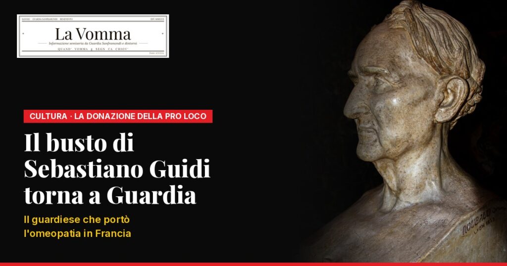 Il busto in gesso di Sebastiano Guidi di profilo, con la scritta Il busto di Sebastiano Guidi torna a Guardia