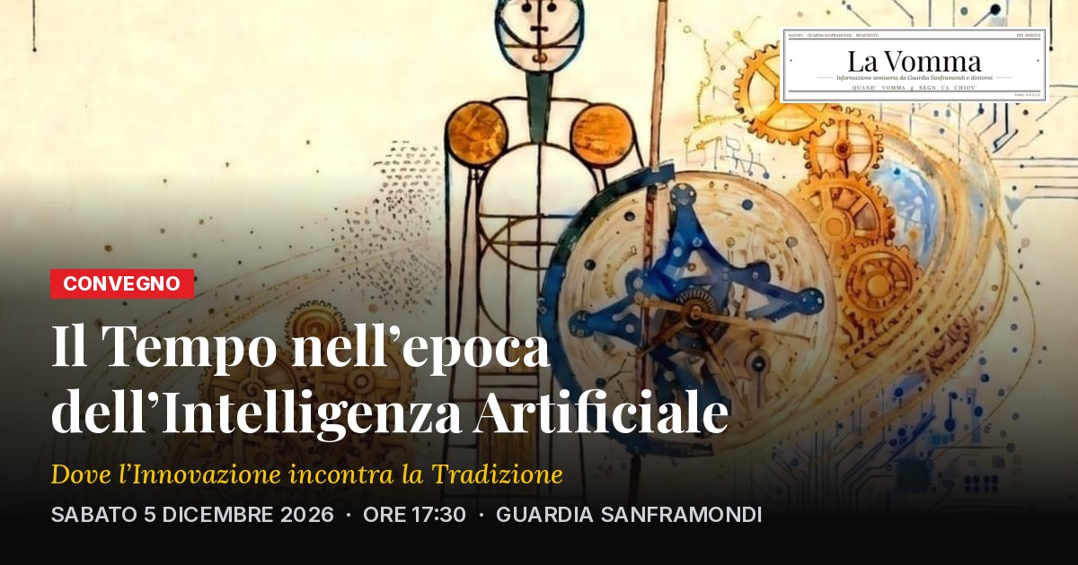 Illustrazione della Guardia del Tempo tra ingranaggi e circuiti, con il titolo del convegno del 5 dicembre 2026 a Guardia Sanframondi